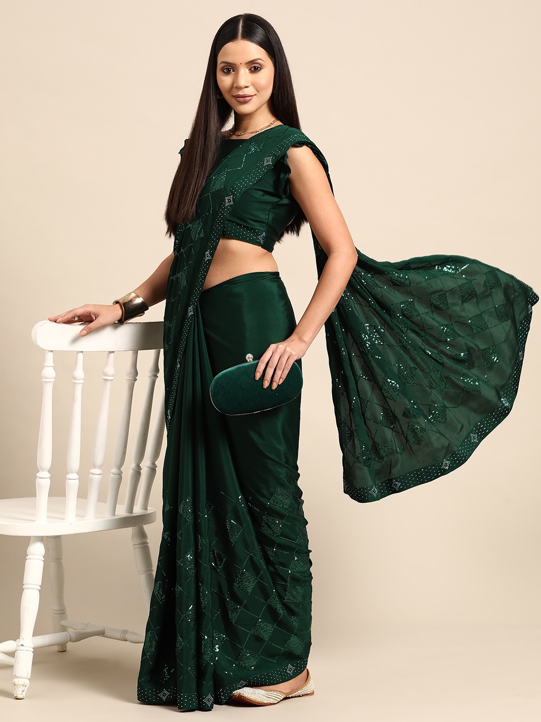 

Mitera Embellished Sequinned Pure Crepe Saree, Green