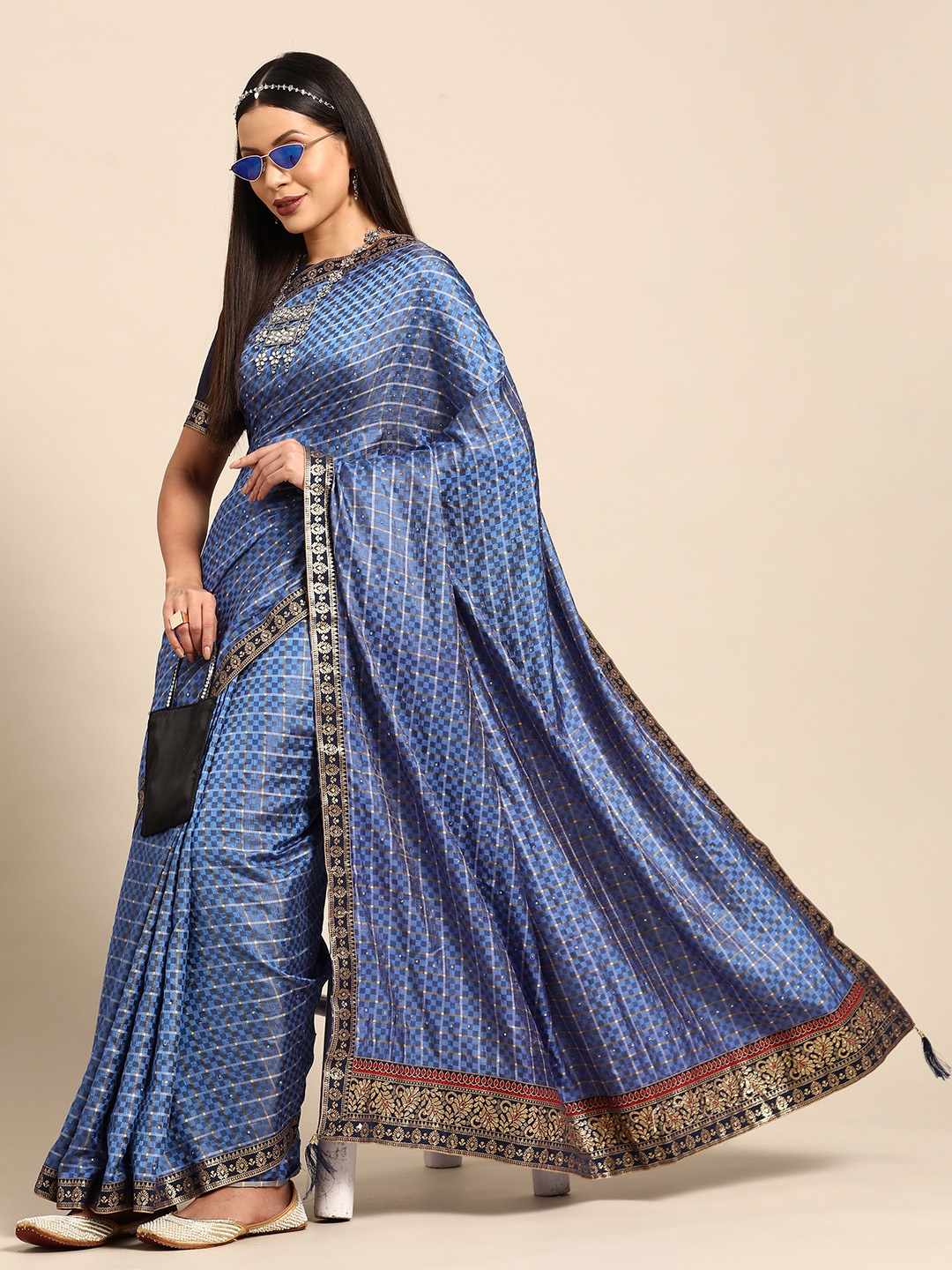 

Mitera Woven Design Checked Beads & Stones Silk Blend Saree, Blue