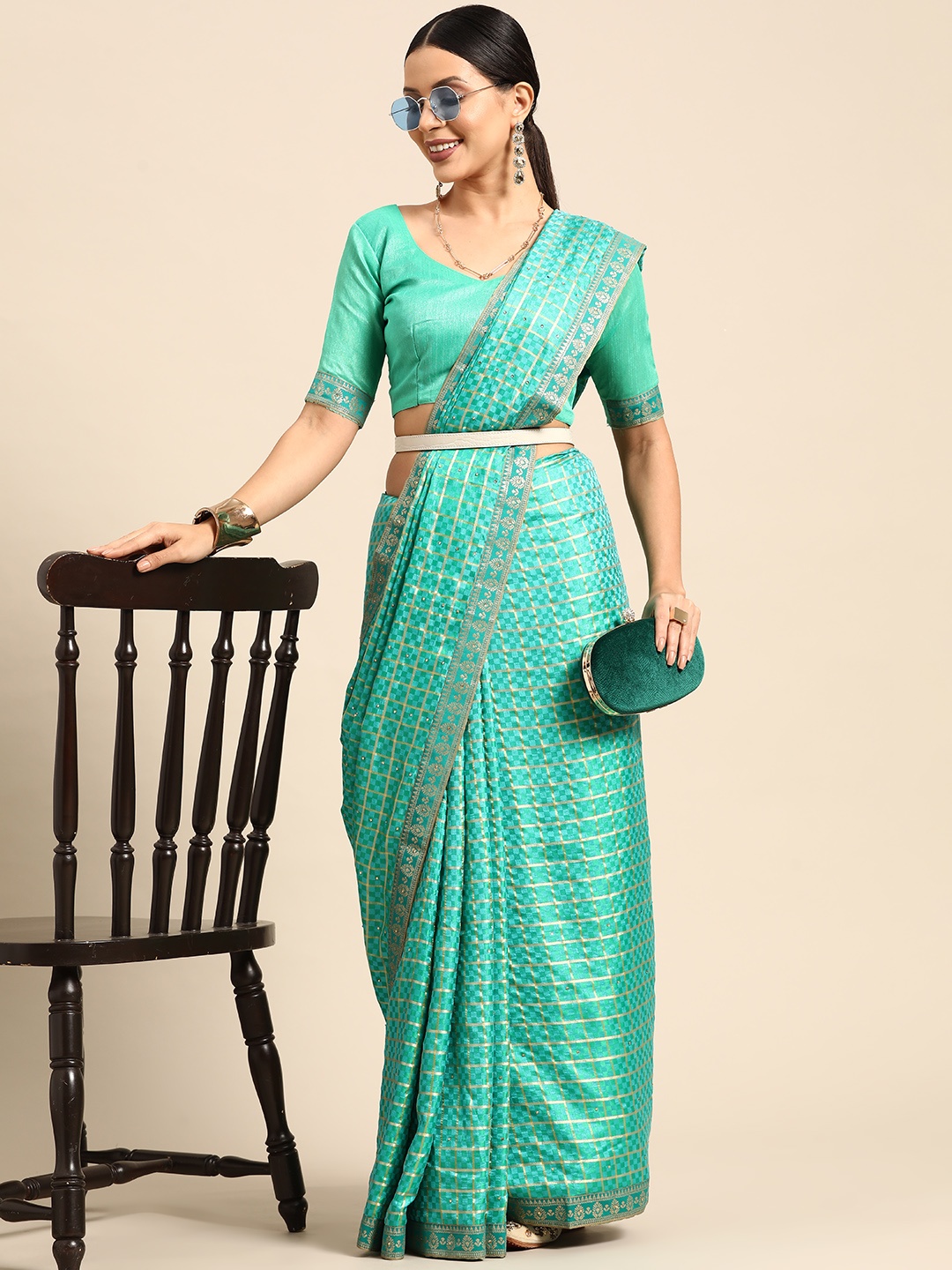 

Mitera Woven Design Checked Beads & Stones Silk Blend Saree, Turquoise blue