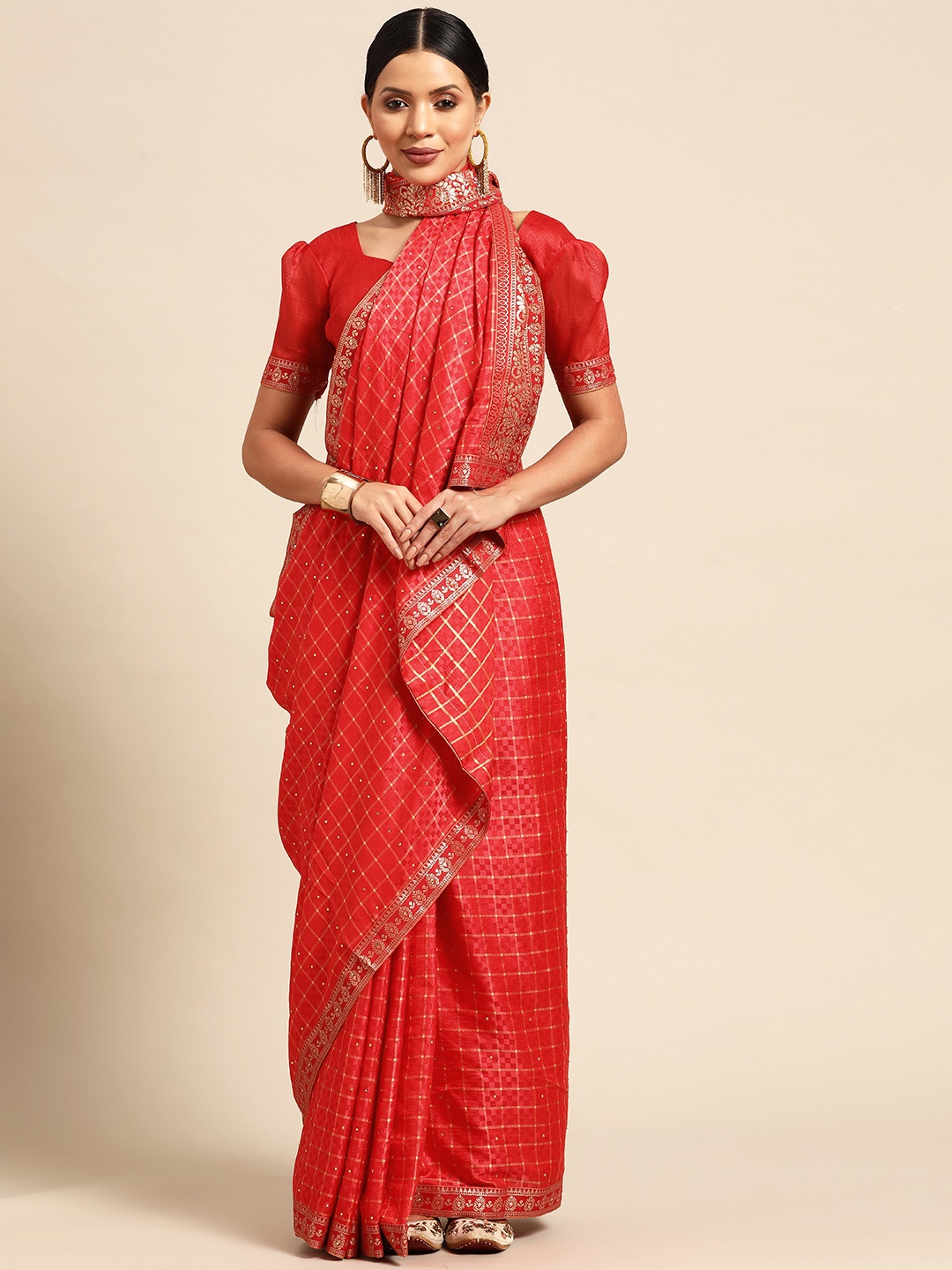 

Mitera Woven Design Checked Beads & Stones Silk Blend Saree, Maroon
