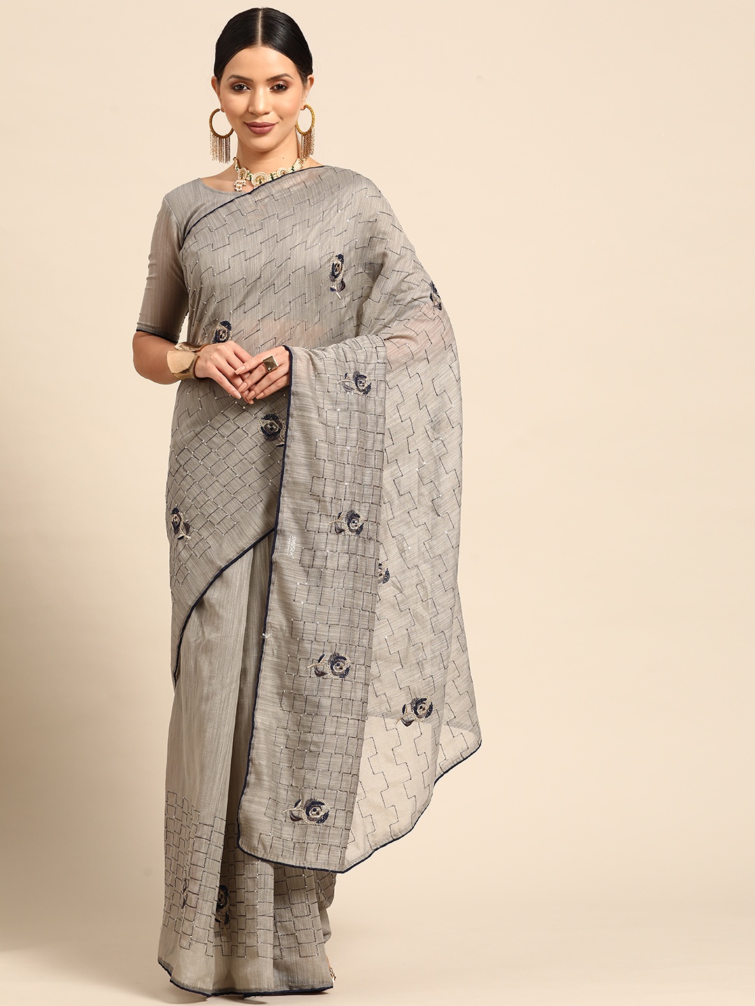 

Mitera Embroidered Sequinned Linen Blend Saree, Grey