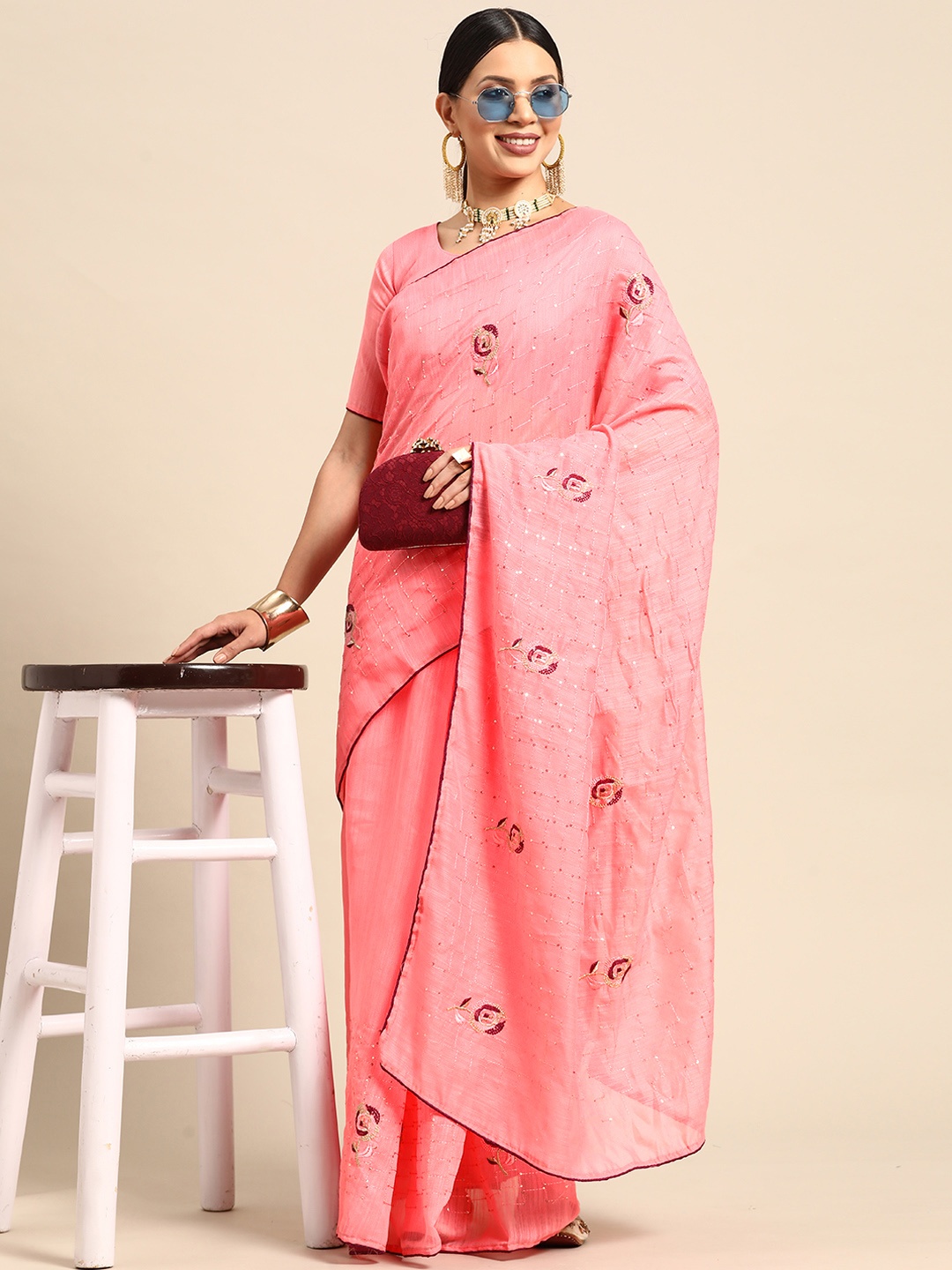 

Mitera Embroidered Sequinned Linen Blend Saree, Pink