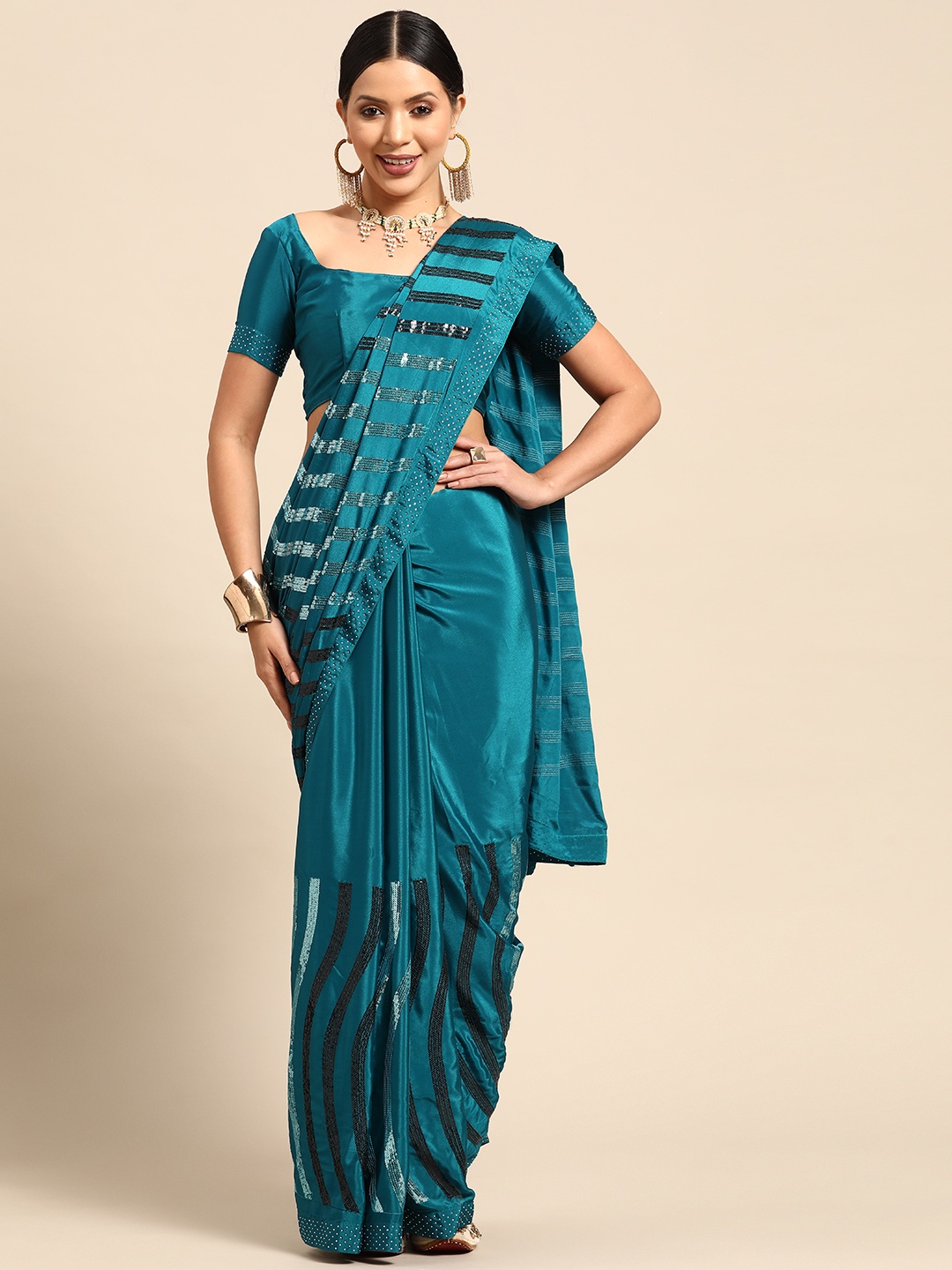 

Mitera Embellished Leheriya Sequinned Pure Crepe Saree, Blue