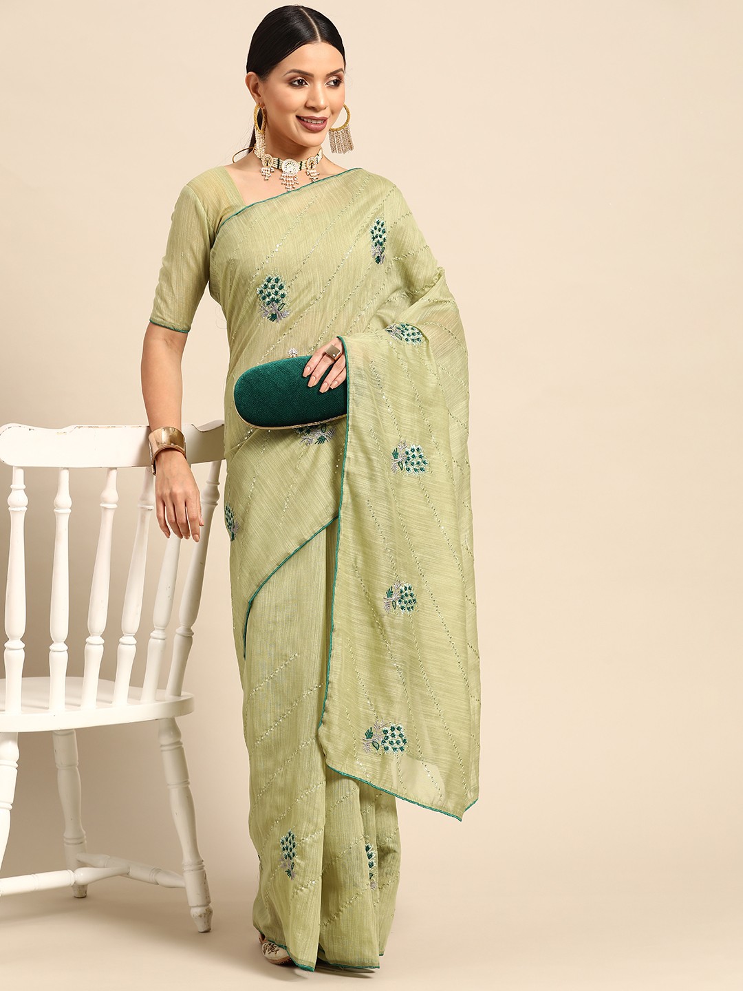 

Mitera Embroidered Striped Sequinned Linen Blend Saree, Green