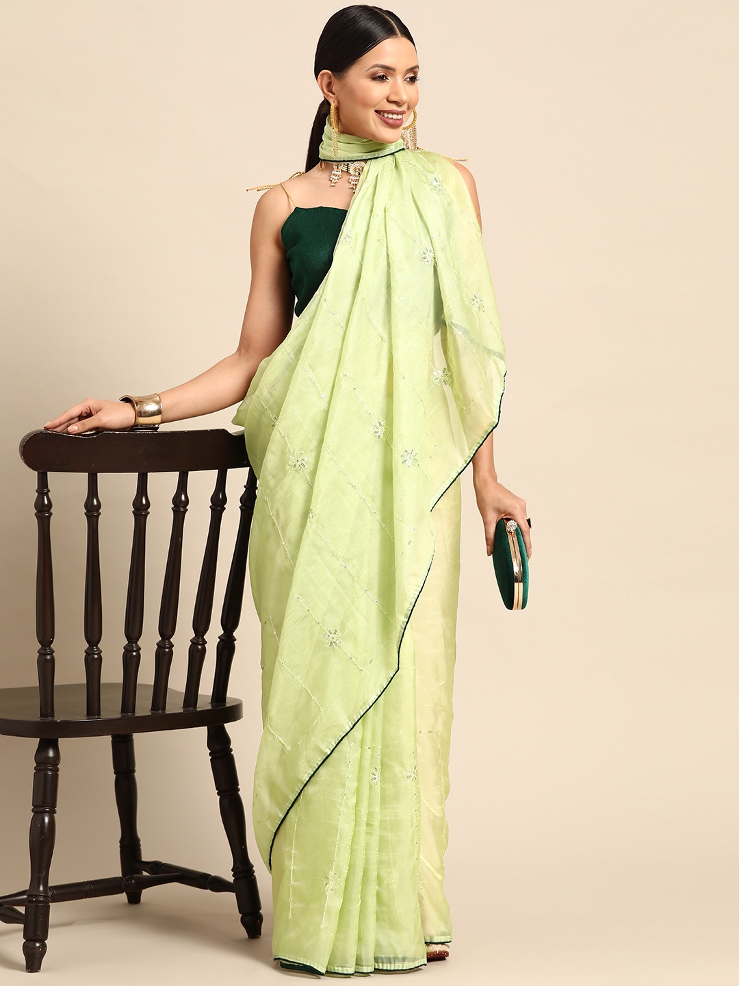 

Mitera Embroidered Ethnic Motifs Sequinned Organza Saree, Green