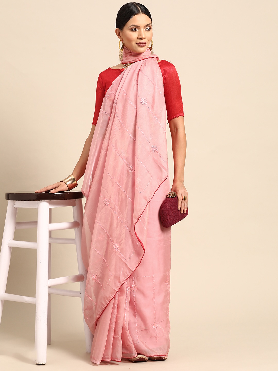 

Mitera Embroidered Ethnic Motifs Sequinned Organza Saree, Pink
