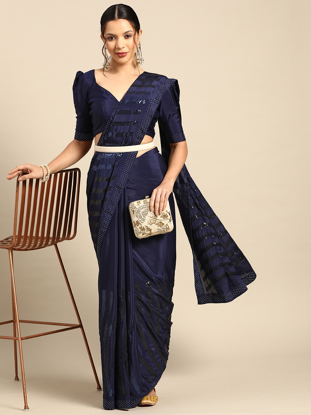 

Mitera Embellished Sequinned Pure Crepe Saree, Navy blue