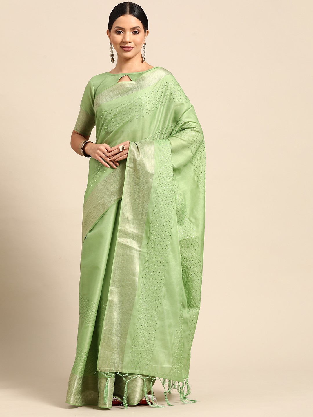 

Mitera Embroidered Leheriya Sequinned Saree, Green