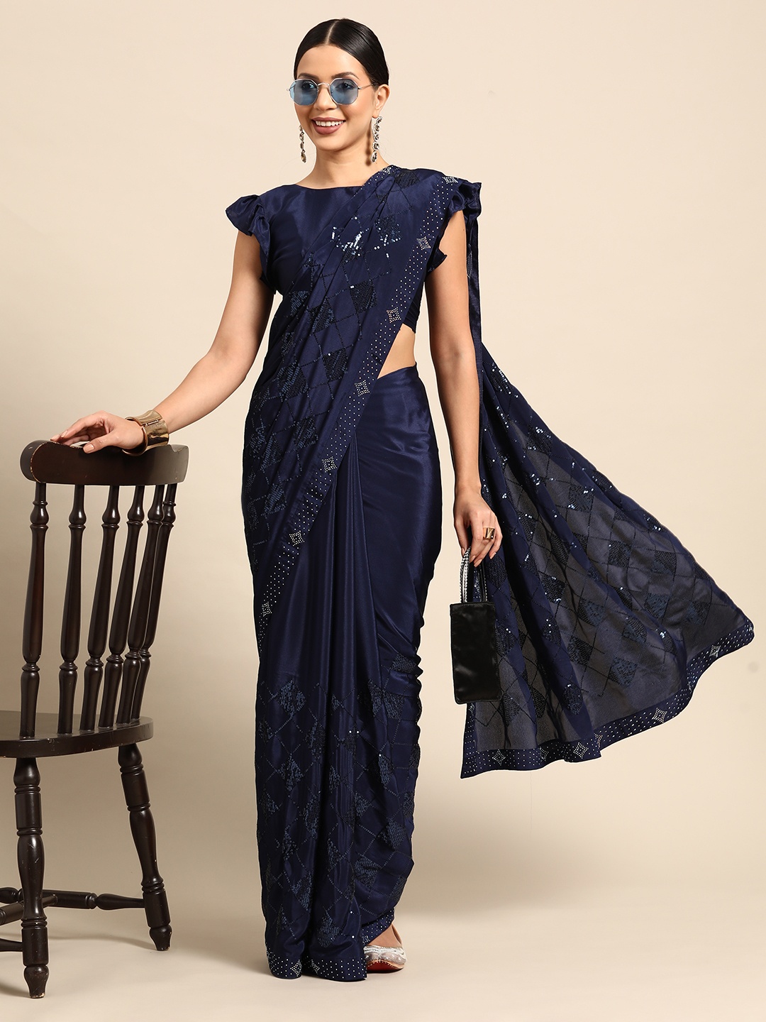 

Mitera Embellished Sequinned Pure Crepe Saree, Navy blue