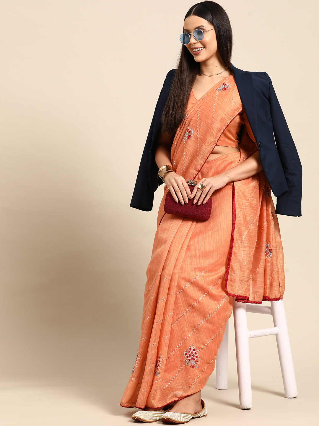 

Mitera Embroidered Ethnic Motifs Sequinned Linen Blend Saree, Orange