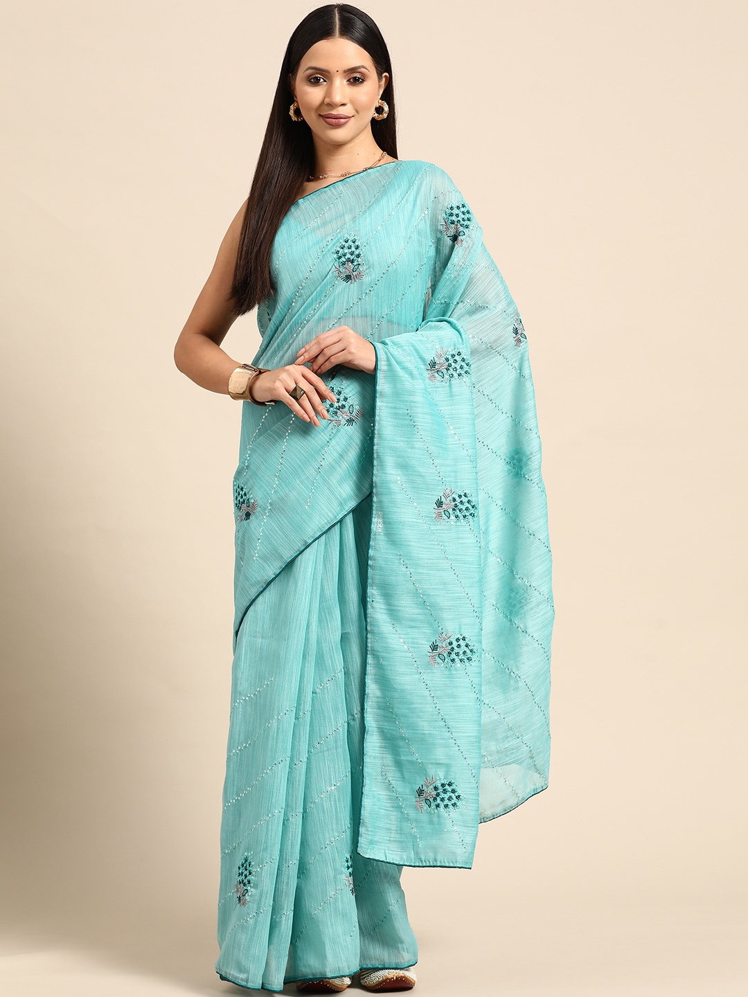 

Mitera Embroidered Striped Sequinned Linen Blend Saree, Turquoise blue