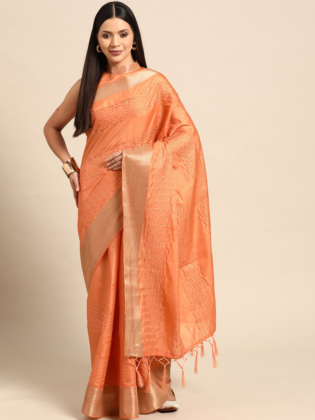 

Mitera Embroidered Leheriya Sequinned Saree, Peach