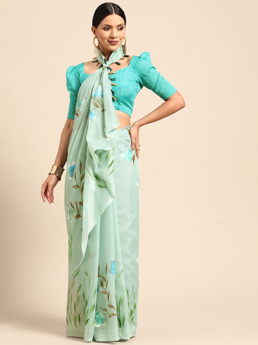 

Mitera Floral Printed Organza Saree, Green