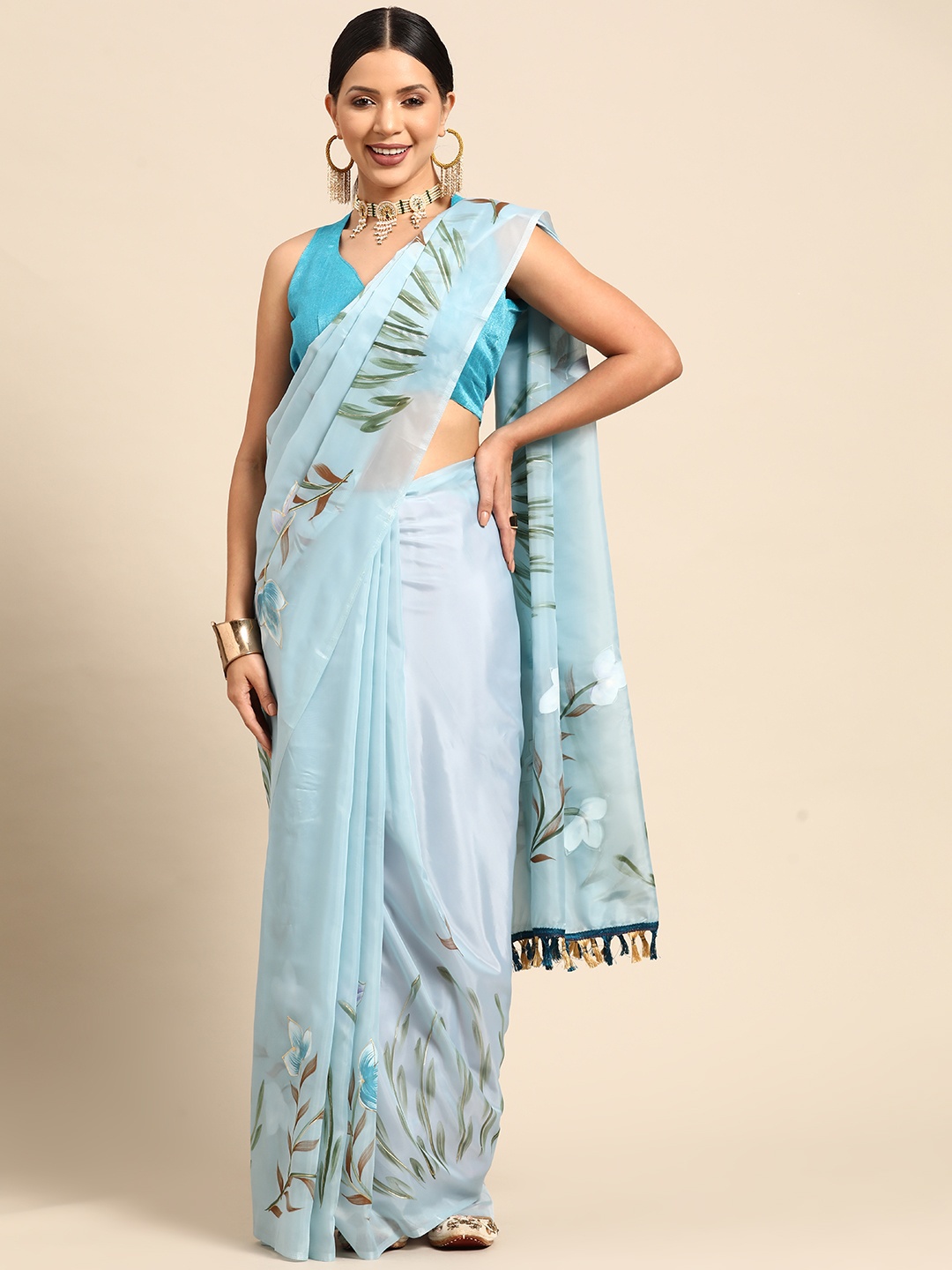 

Mitera Printed Organza Saree, Turquoise blue