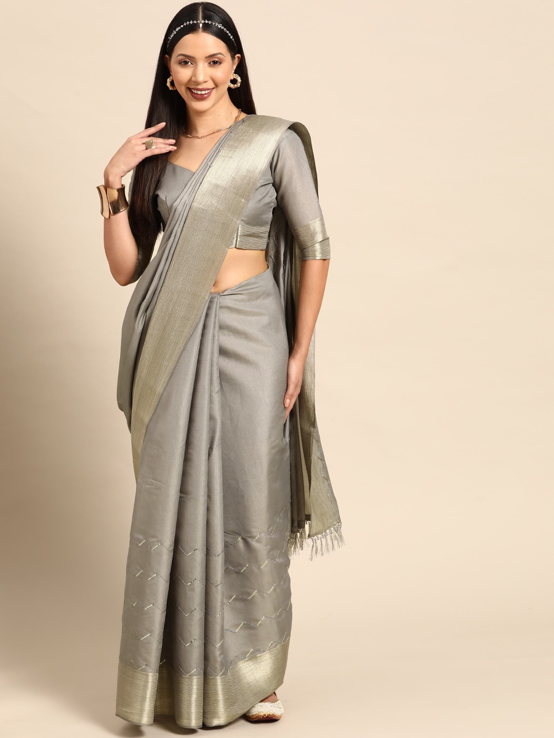 

Mitera Embellished Leheriya Sequinned Saree, Grey