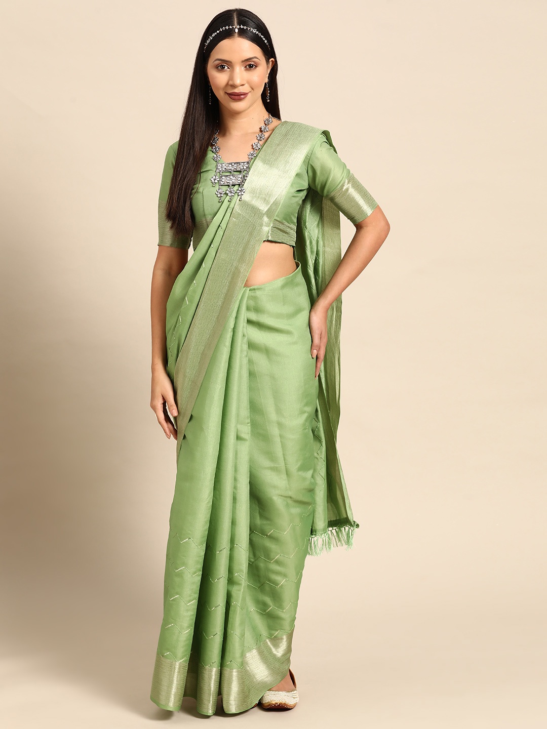 

Mitera Embellished Leheriya Sequinned Saree, Green
