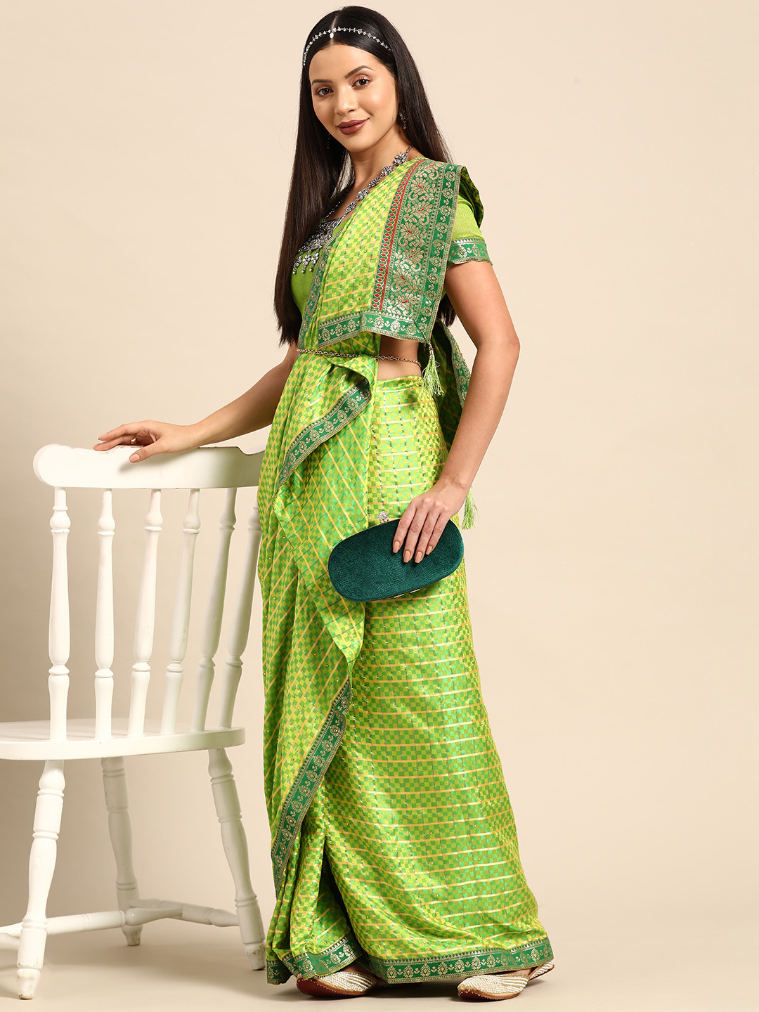 

Mitera Woven Design Checked Beads & Stones Silk Blend Saree, Green