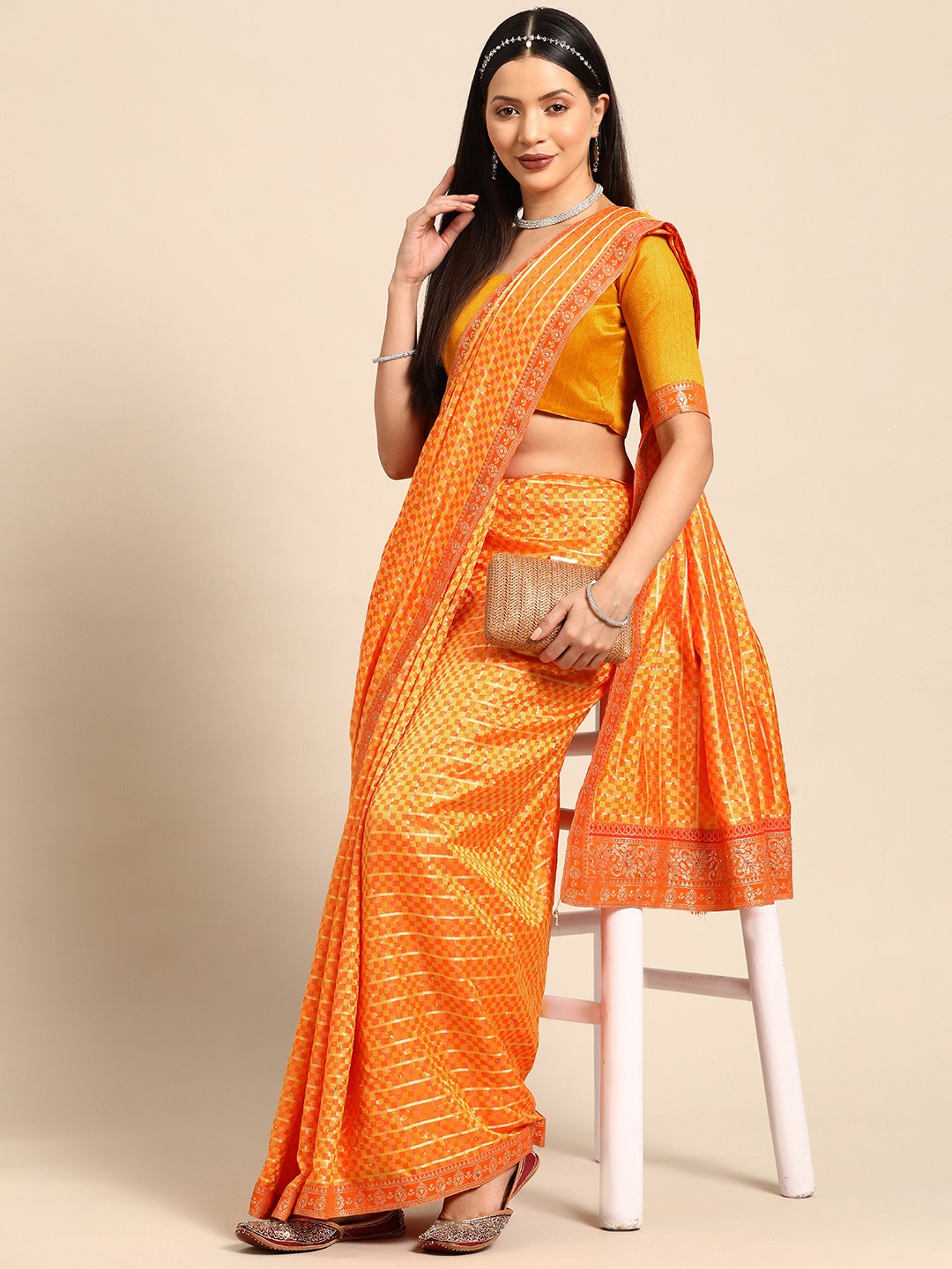 

Mitera Woven Design Checked Beads & Stones Silk Blend Saree, Orange