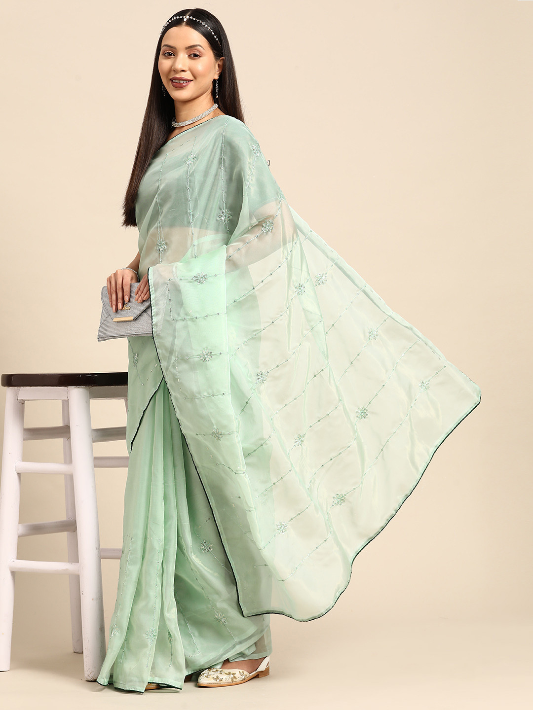 

Mitera Embroidered Ethnic Motifs Sequinned Organza Saree, Lime green