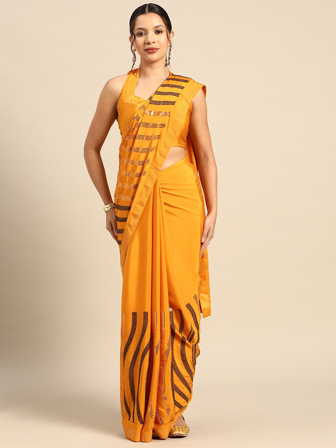 

Mitera Embellished Sequinned Pure Crepe Saree, Yellow