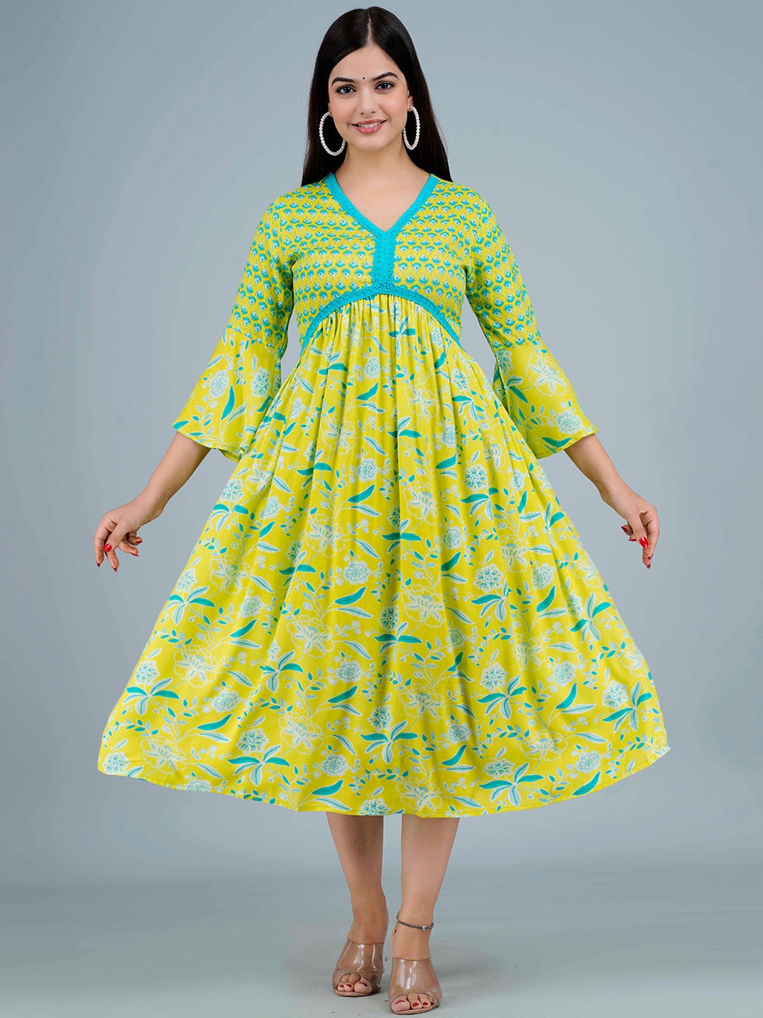 

NITVAN Abstract Printed Bell Sleeves Empire Dress, Lime green