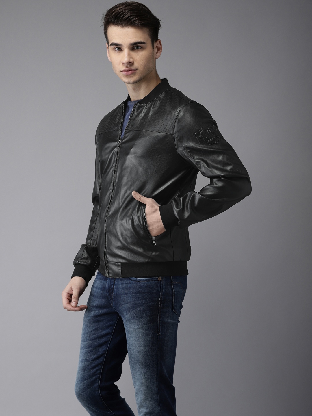 

Flying Machine Men Black Solid Biker Jacket