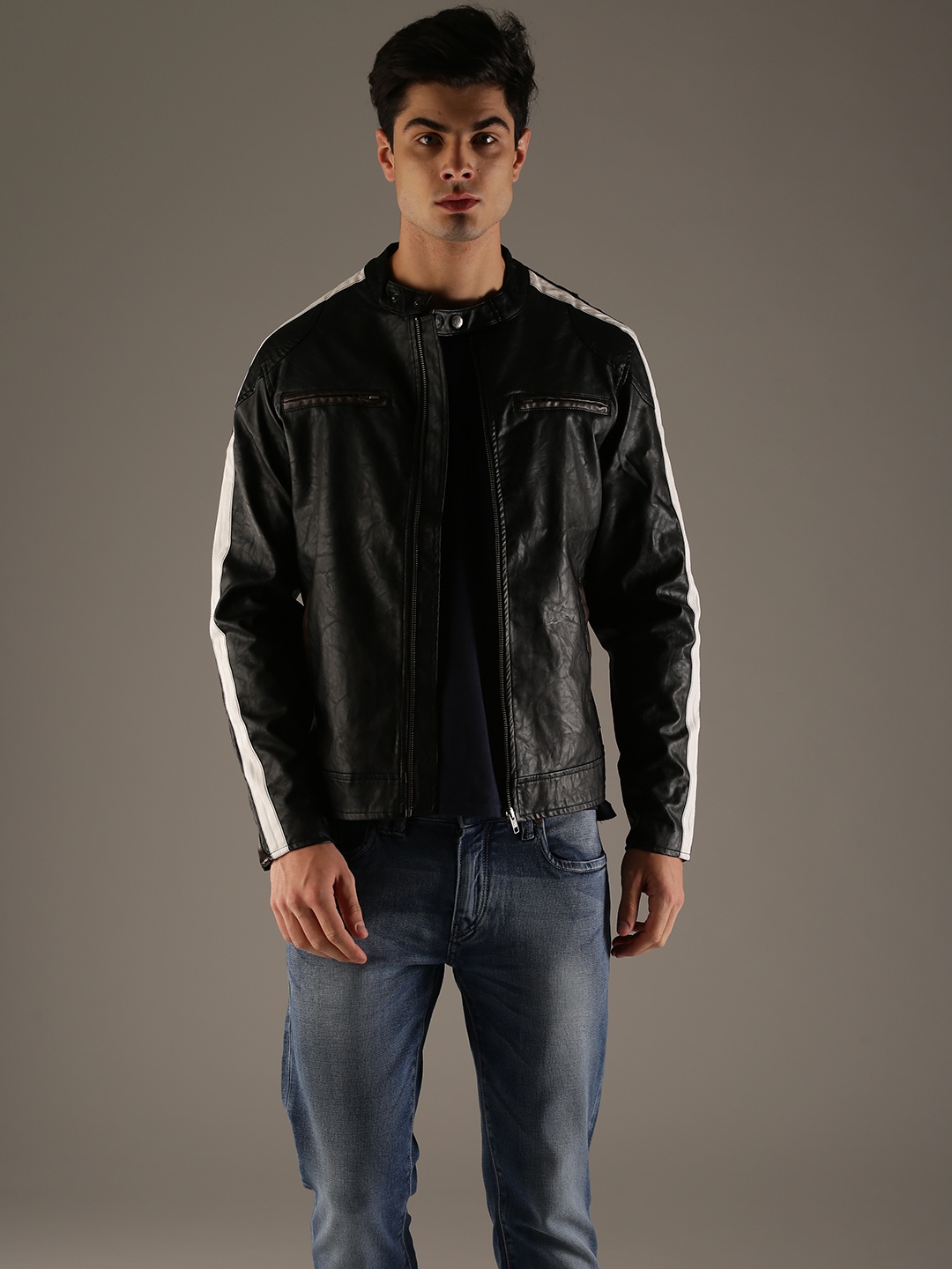 

Flying Machine Men Black Solid Biker Jacket