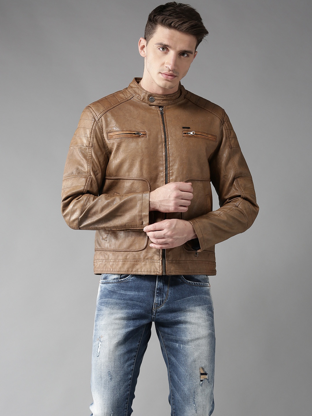 

Flying Machine Men Brown Solid Biker Jacket