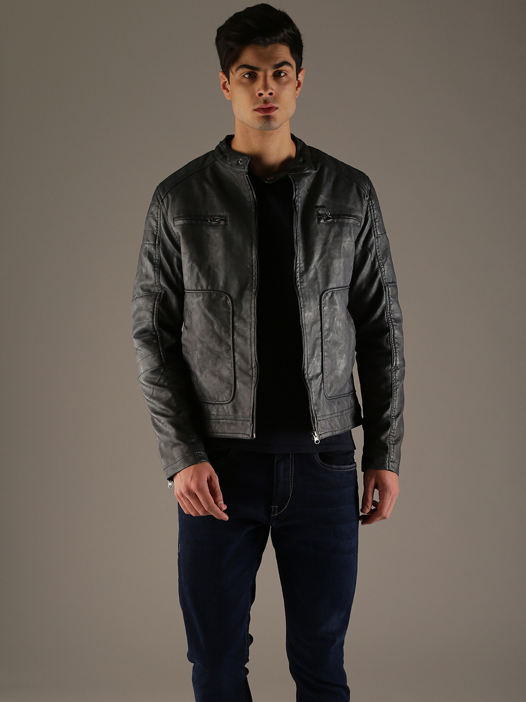 

Flying Machine Men Grey Solid Biker Jacket