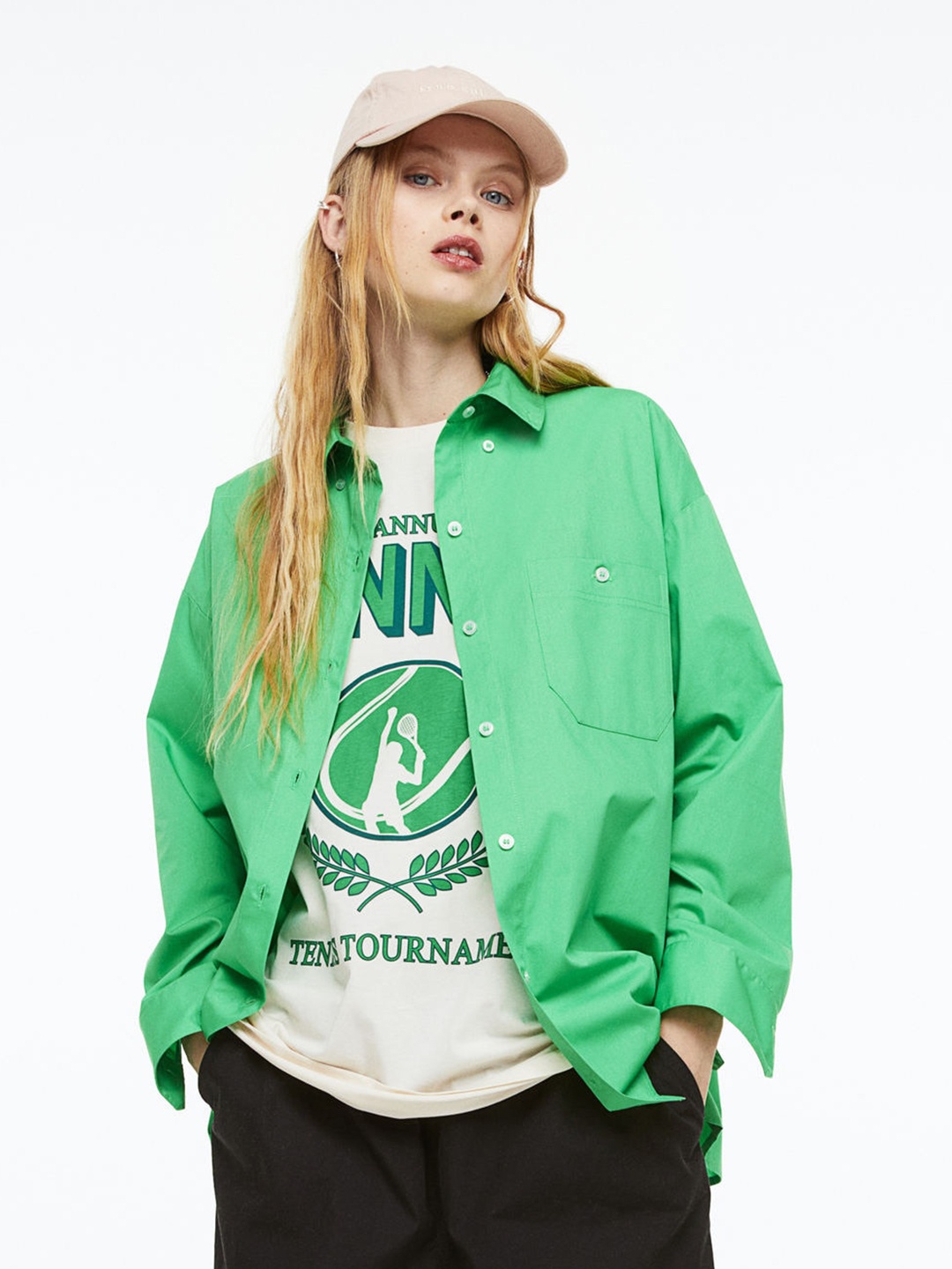

H&M Oversized Poplin Shirt, Green