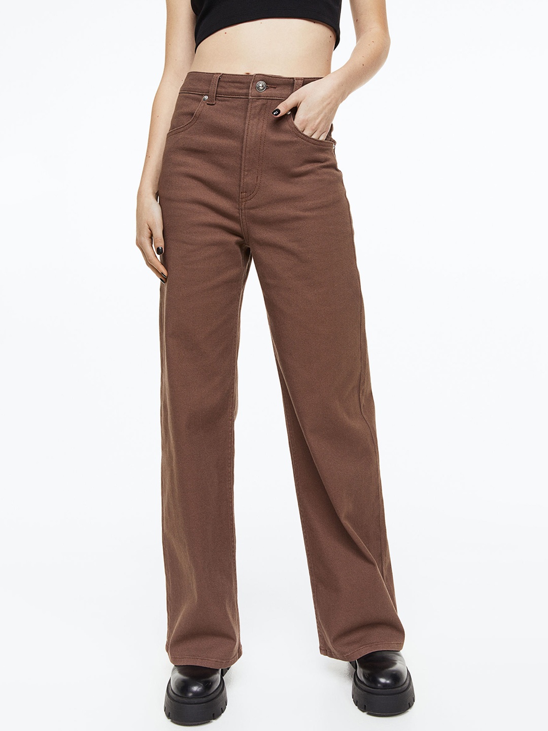 

H&M Women Wide Twill Trousers, Brown