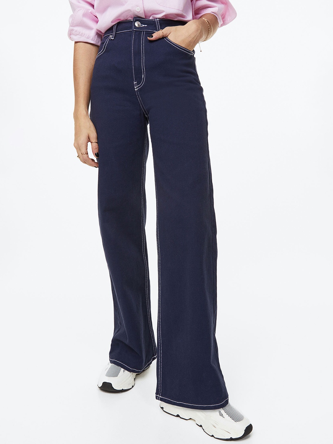 

H&M Women Wide Twill Trousers, Navy blue