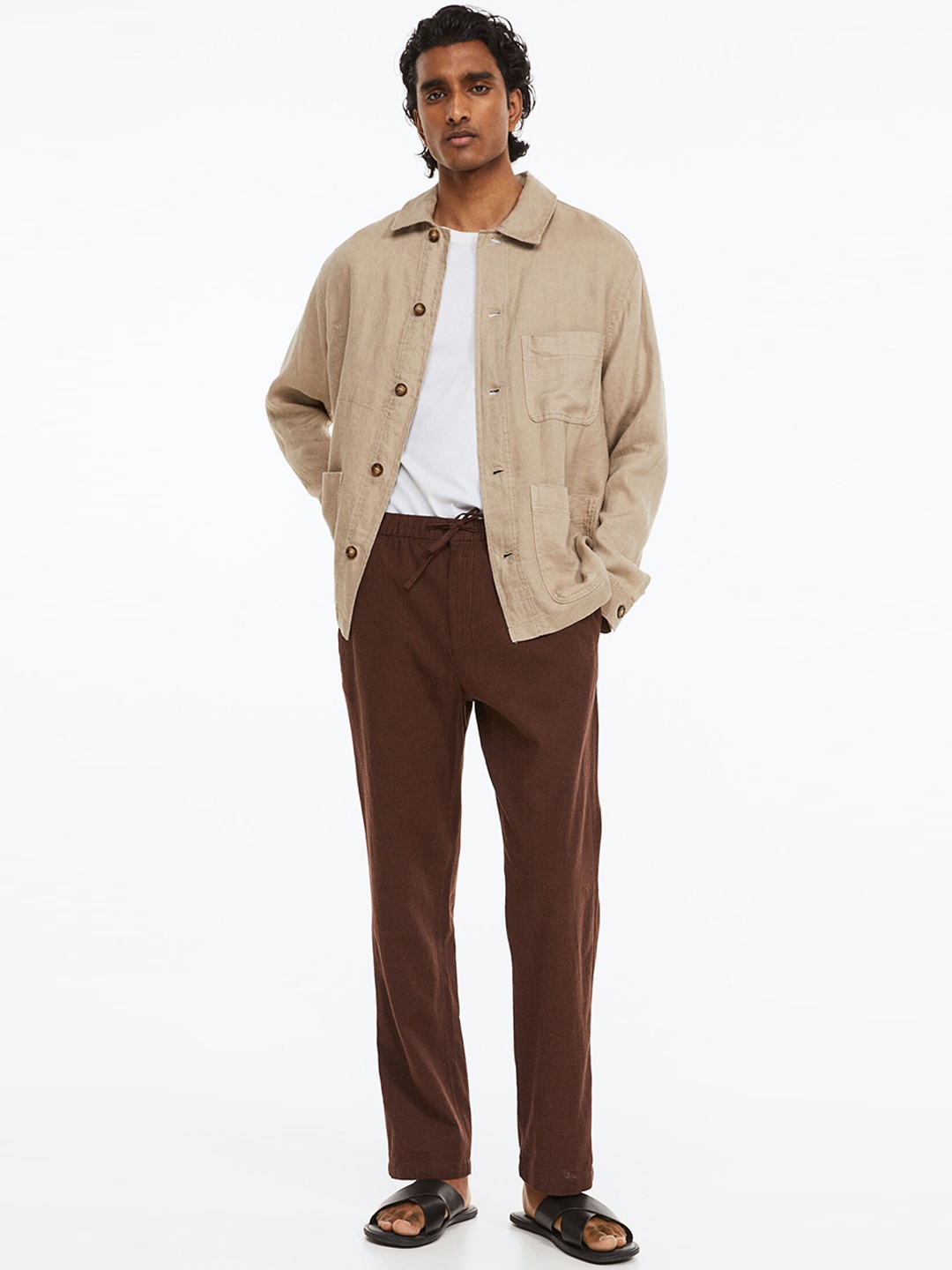

H&M Men Regular Fit Linen-Blend Trousers, Brown