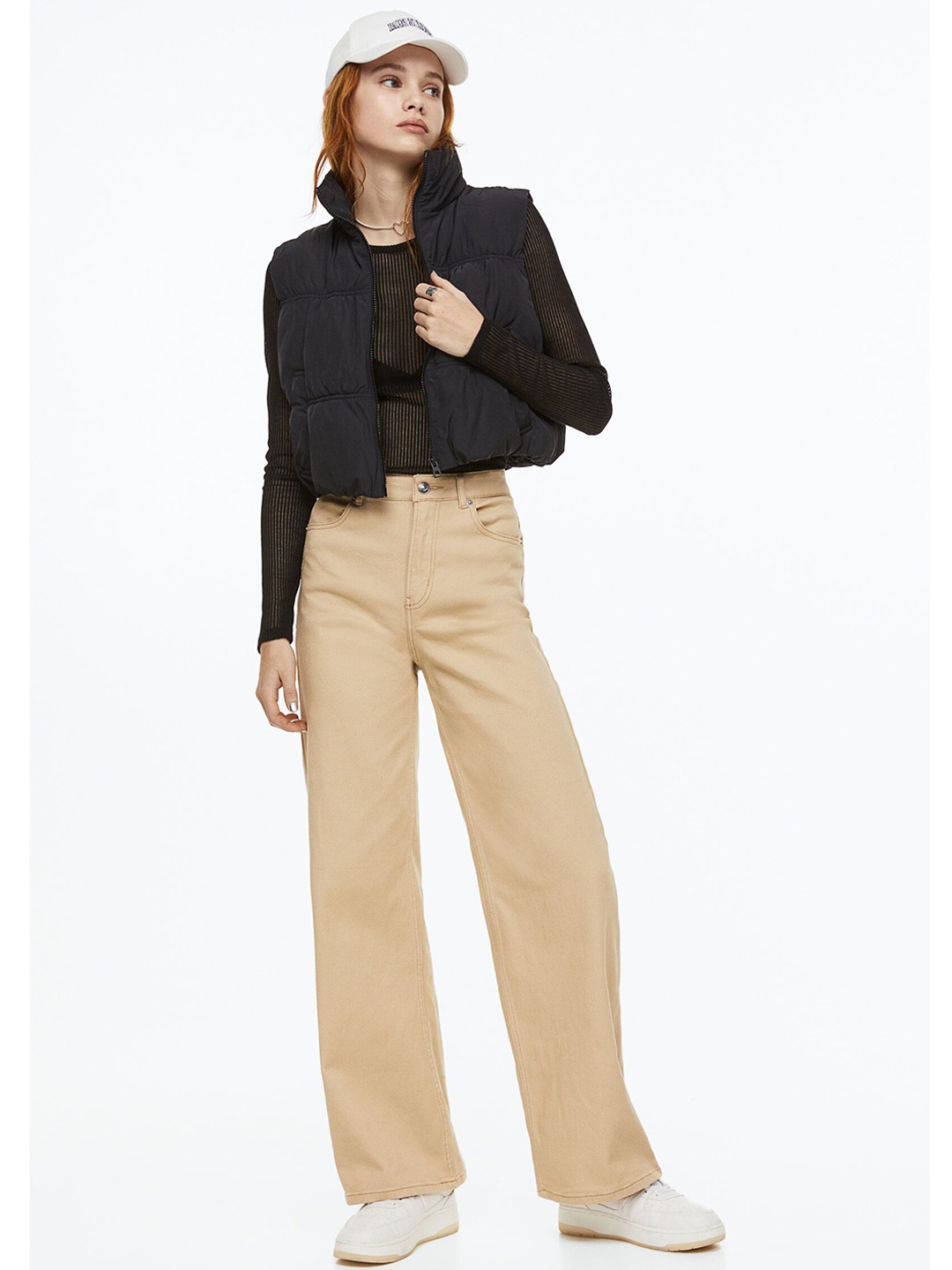 

H&M Women Wide Twill Trousers, Beige