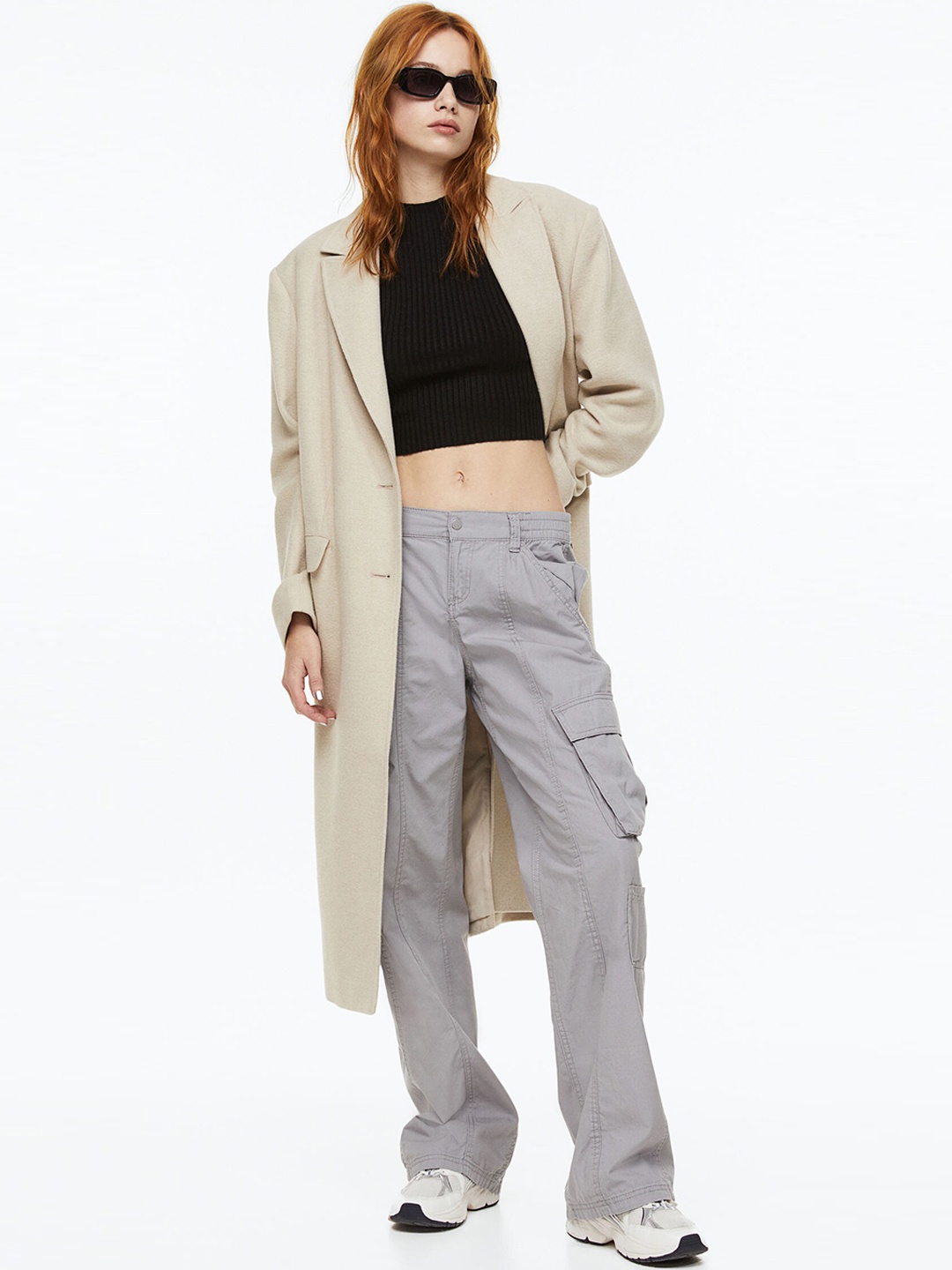

H&M Women Pure Cotton Canvas Cargo Trousers, Grey