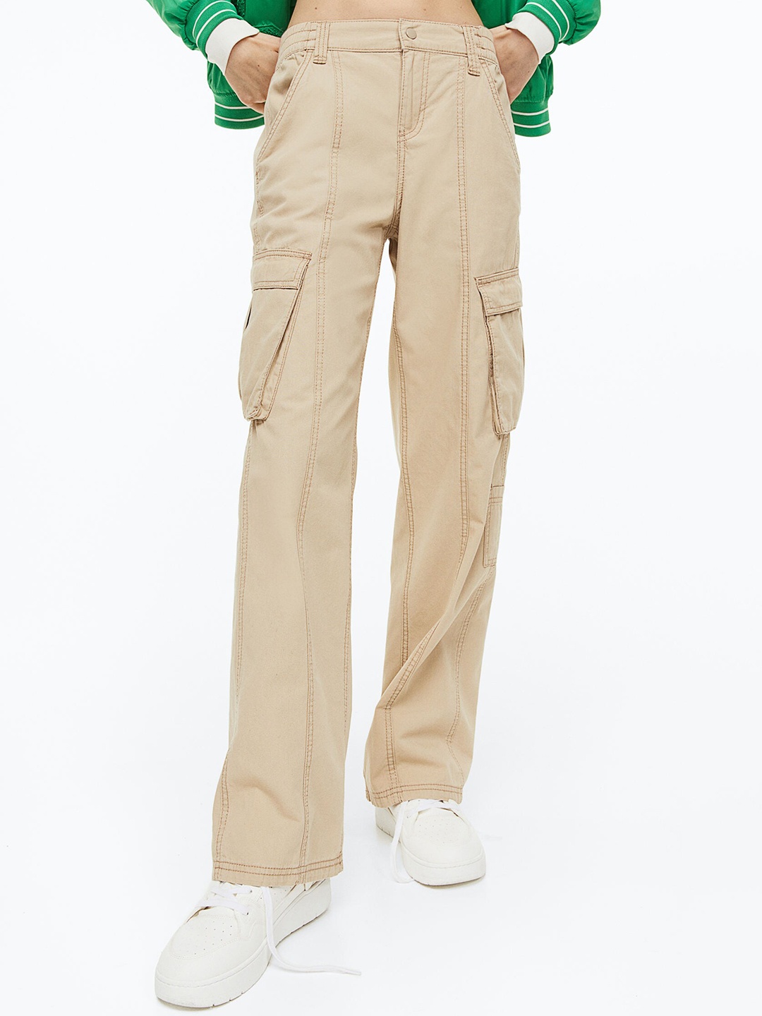 

H&M Women Pure Cotton Canvas Cargo Trousers, Beige