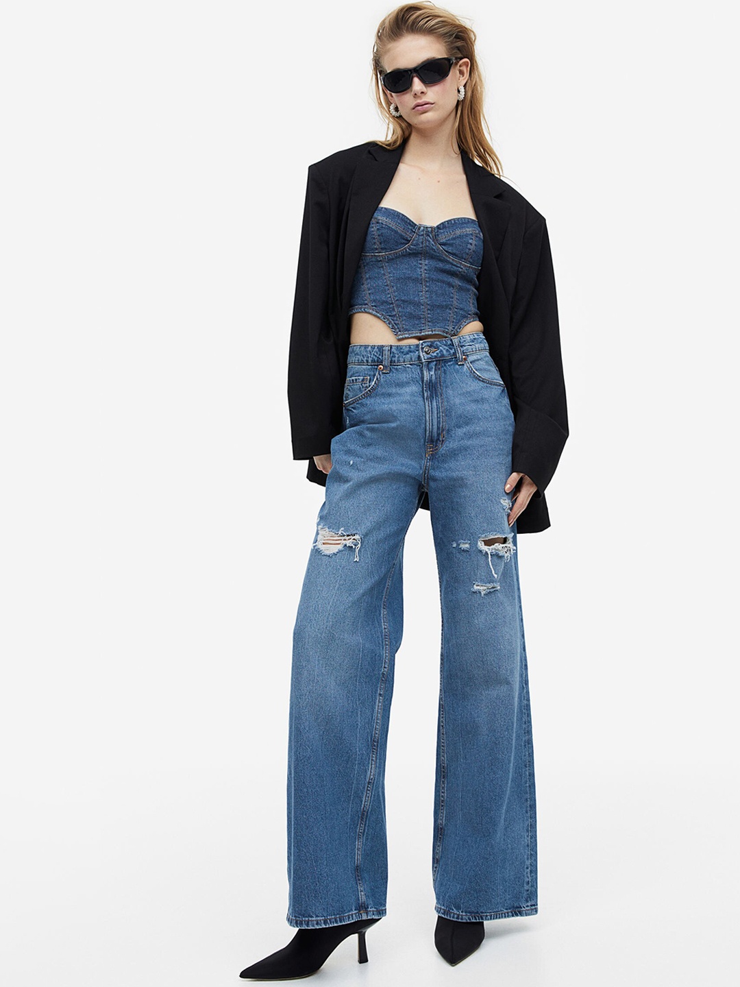 

H&M Women Pure Cotton Wide High Jeans, Blue