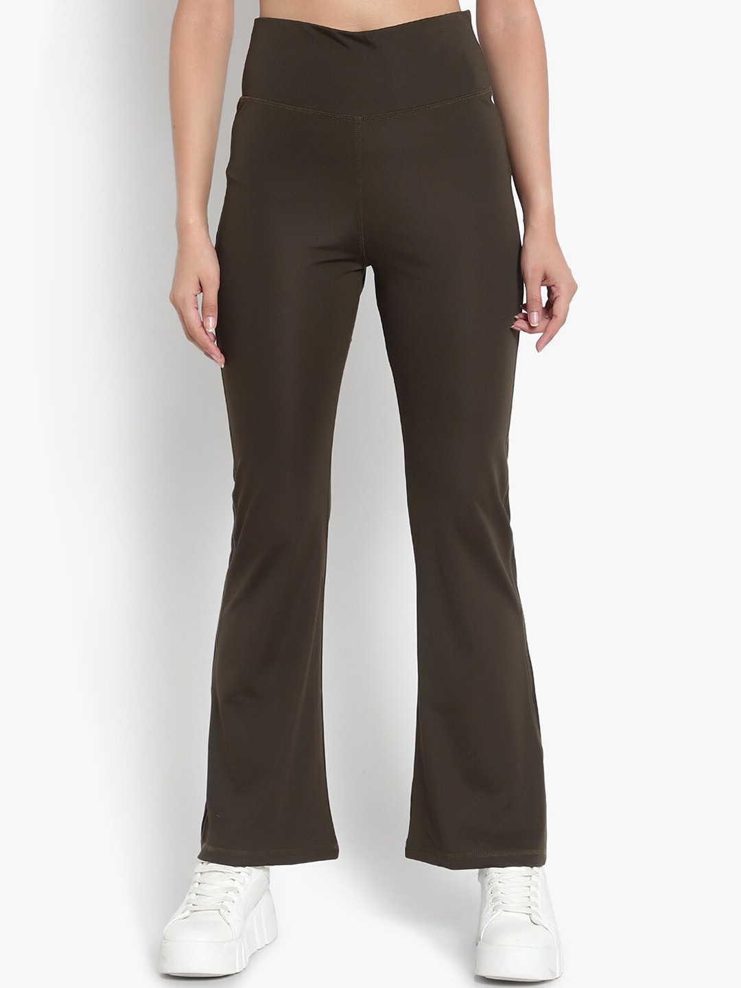

Wearjukebox Women Slim Fit High-Rise Bootcut Trousers, Olive