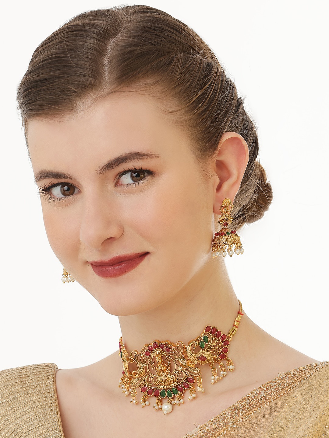 

OOMPH Gold-Plated Stone-Studded & Beaded Temple Choker Necklace Set