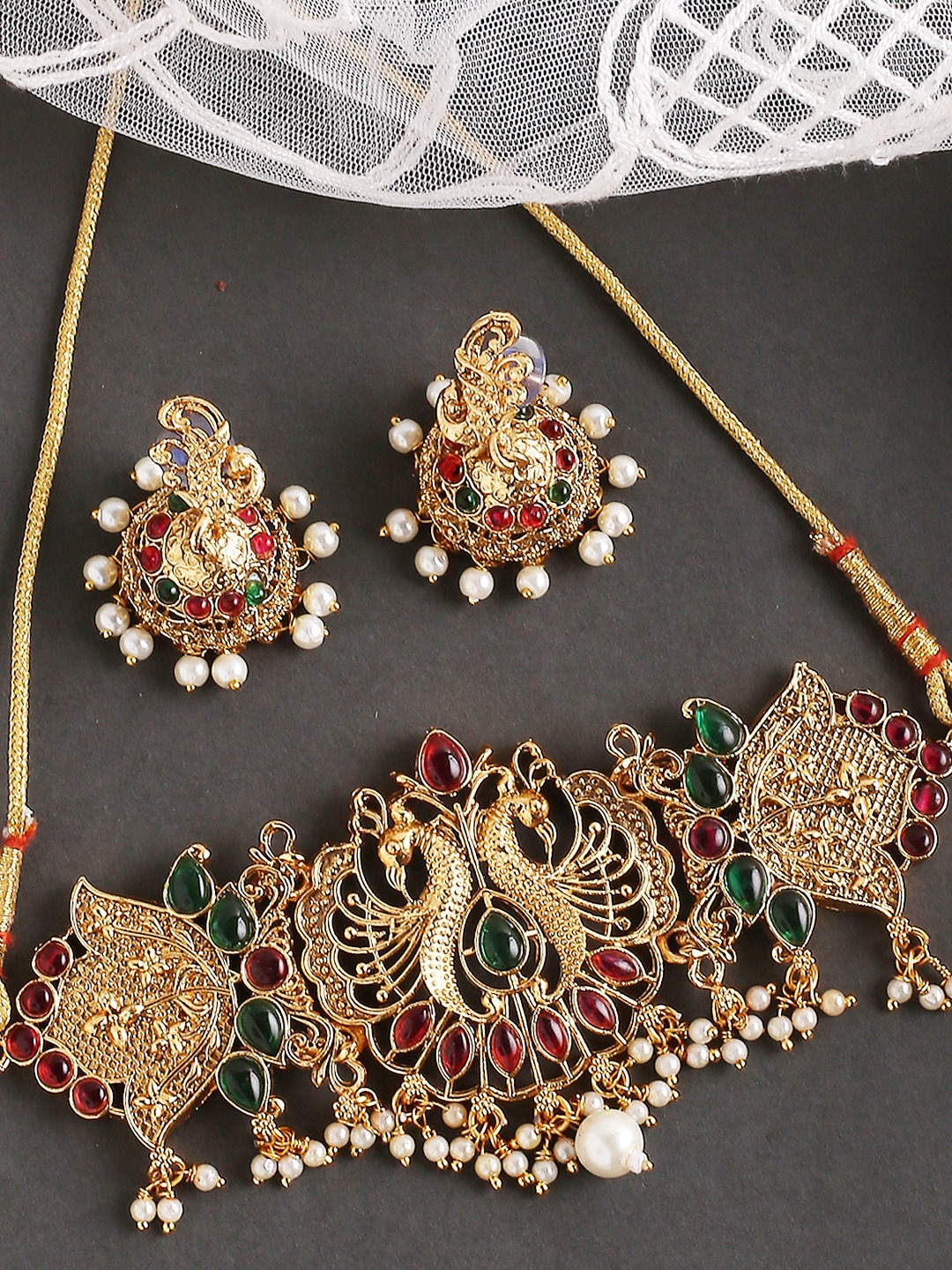 

OOMPH Gold-Plated Stone Studded & Beaded Choker Necklace and Earrings, Red