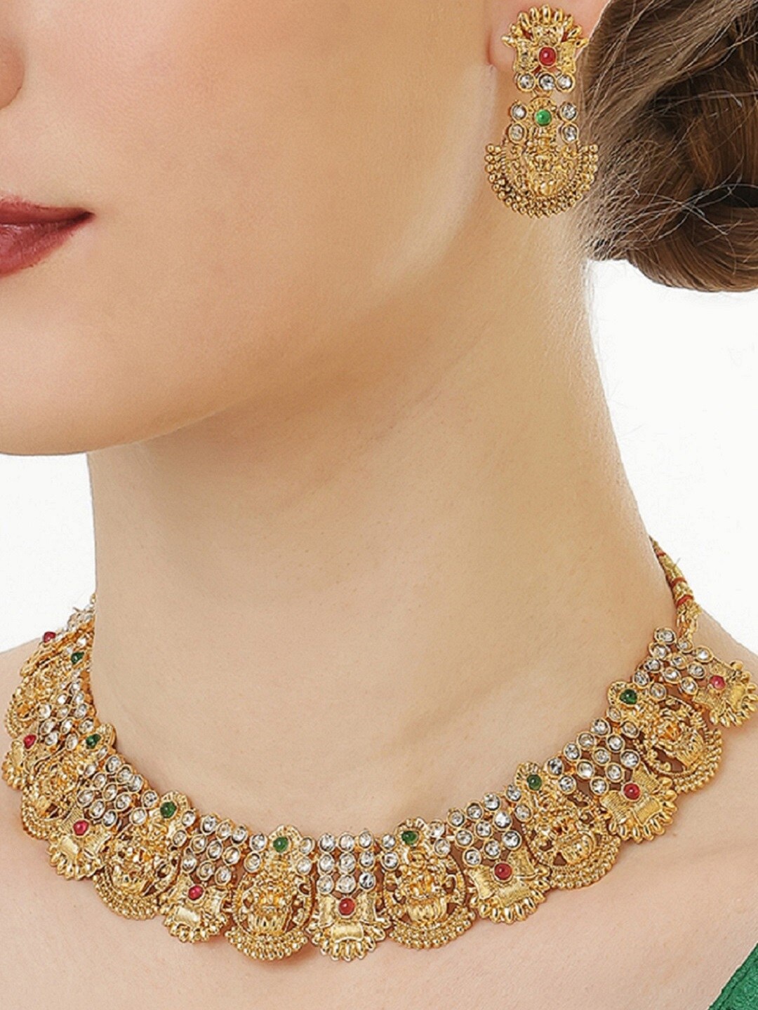 

OOMPH Gold-Plated Stone Studded Laxmi Design Necklace and Earrings, White