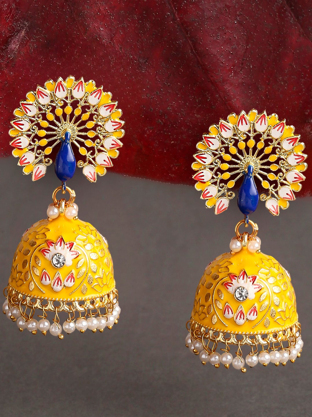 

OOMPH Peacock Shaped Jhumkas Earrings, Yellow