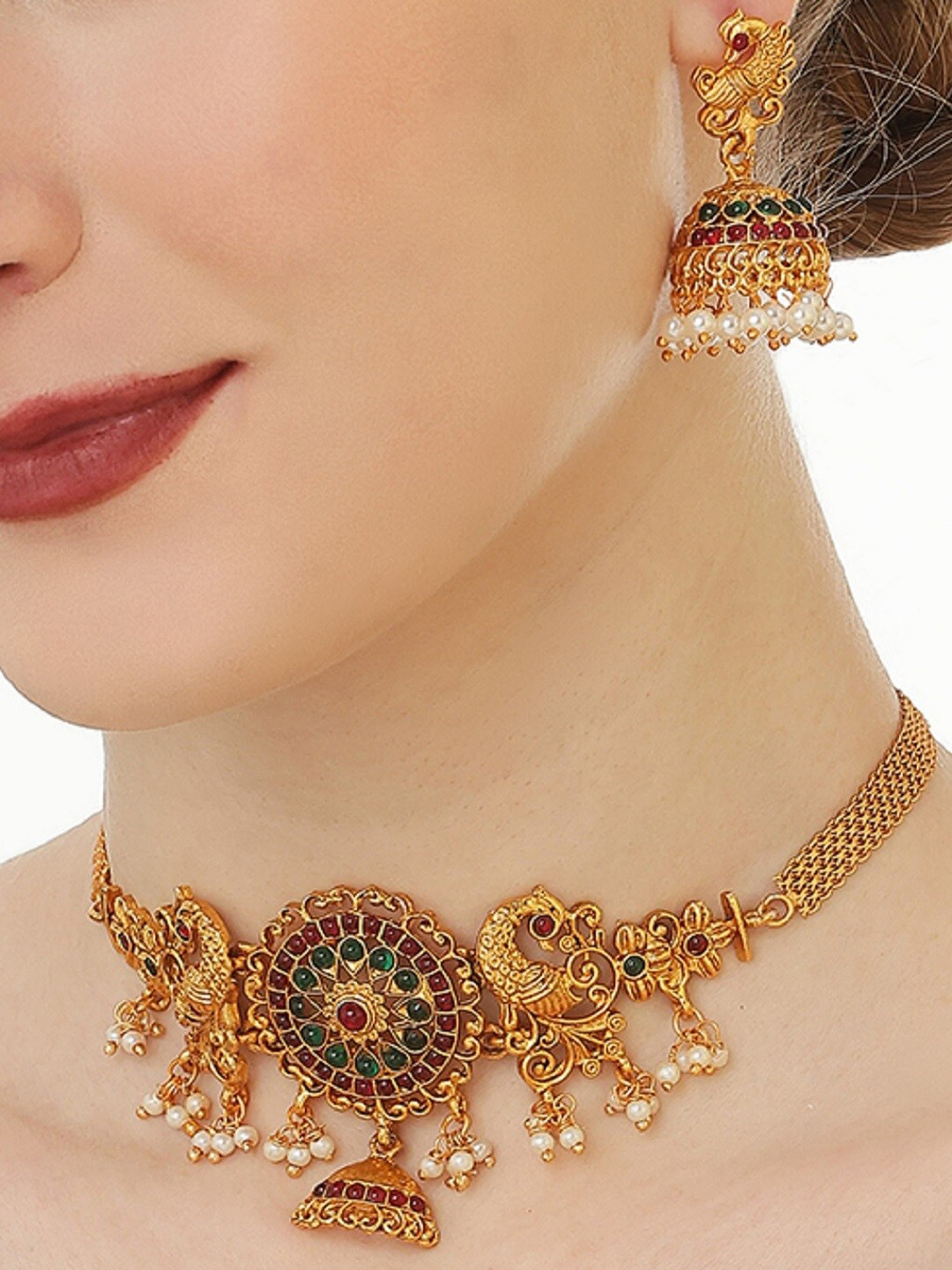 

OOMPH Gold-Plated Stone-Studded & Beaded Peacock Choker Necklace and Earrings, Red