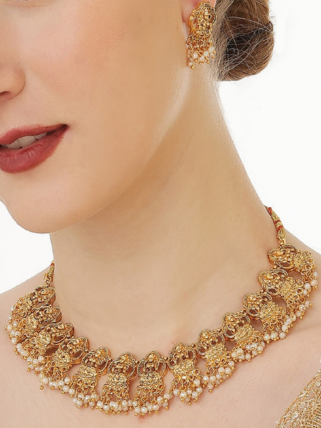 

OOMPH Gold-Plated Stone Studded & Beaded Laxmi Design Necklace and Earrings, White