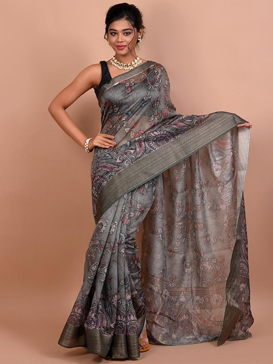 

AllSilks Floral Printed Zari Organza Saree, Grey
