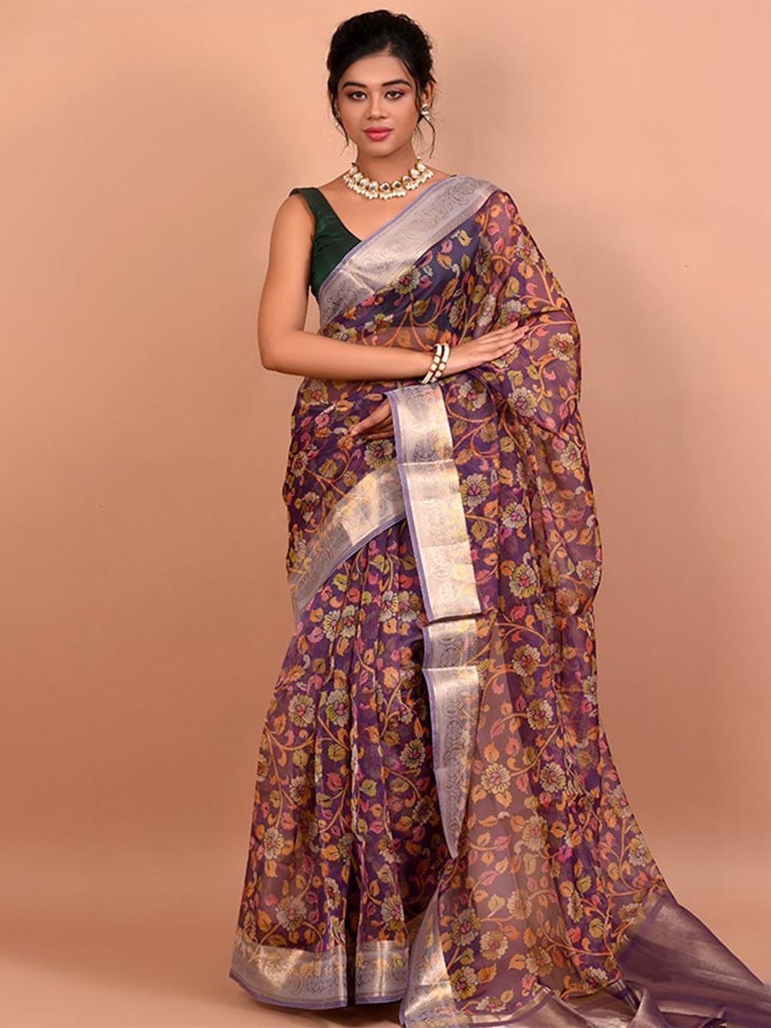 

AllSilks Floral Printed Zari Organza Saree, Purple