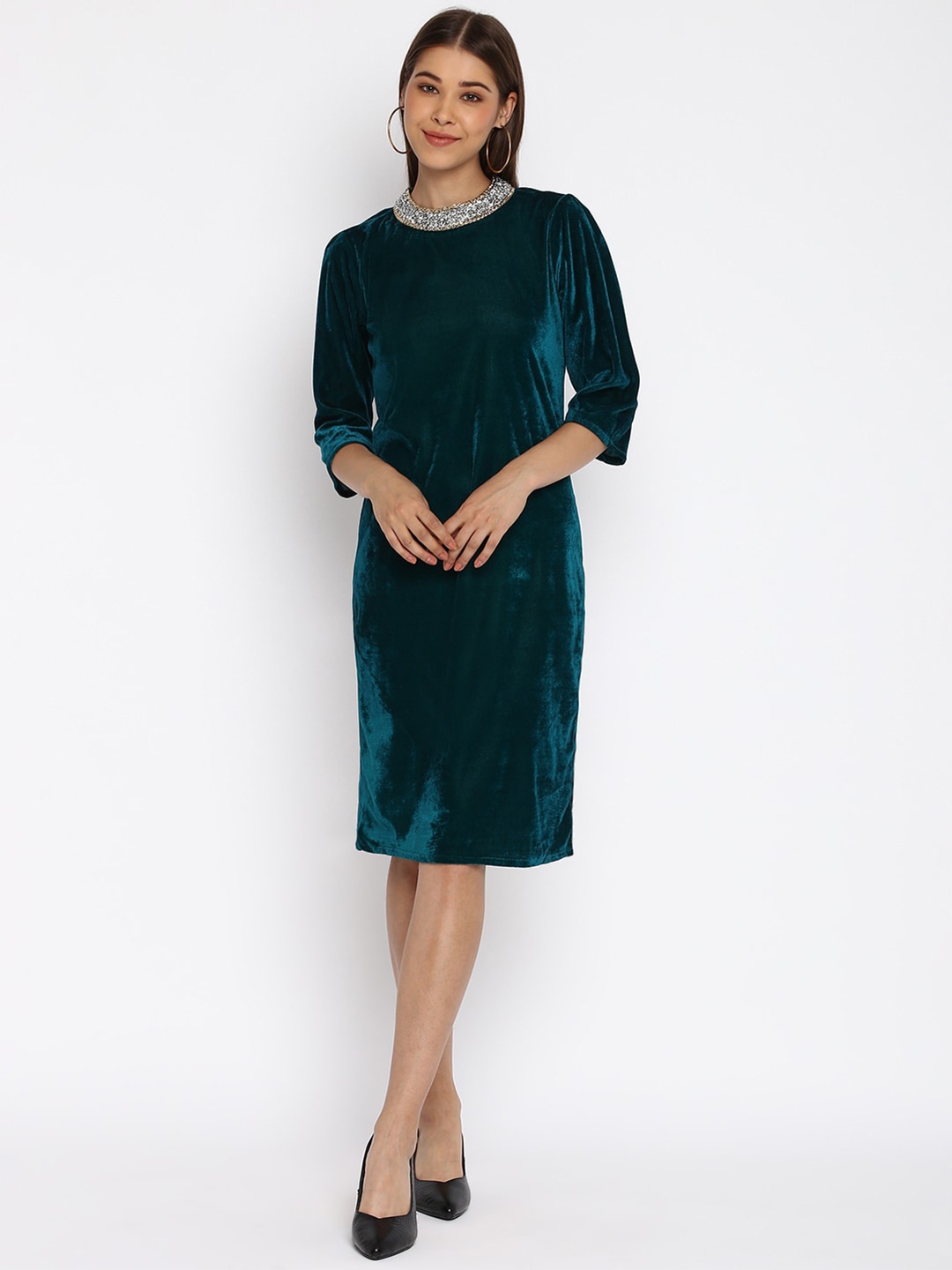 

Mayra Round Neck Embellished A-Line Dress, Green
