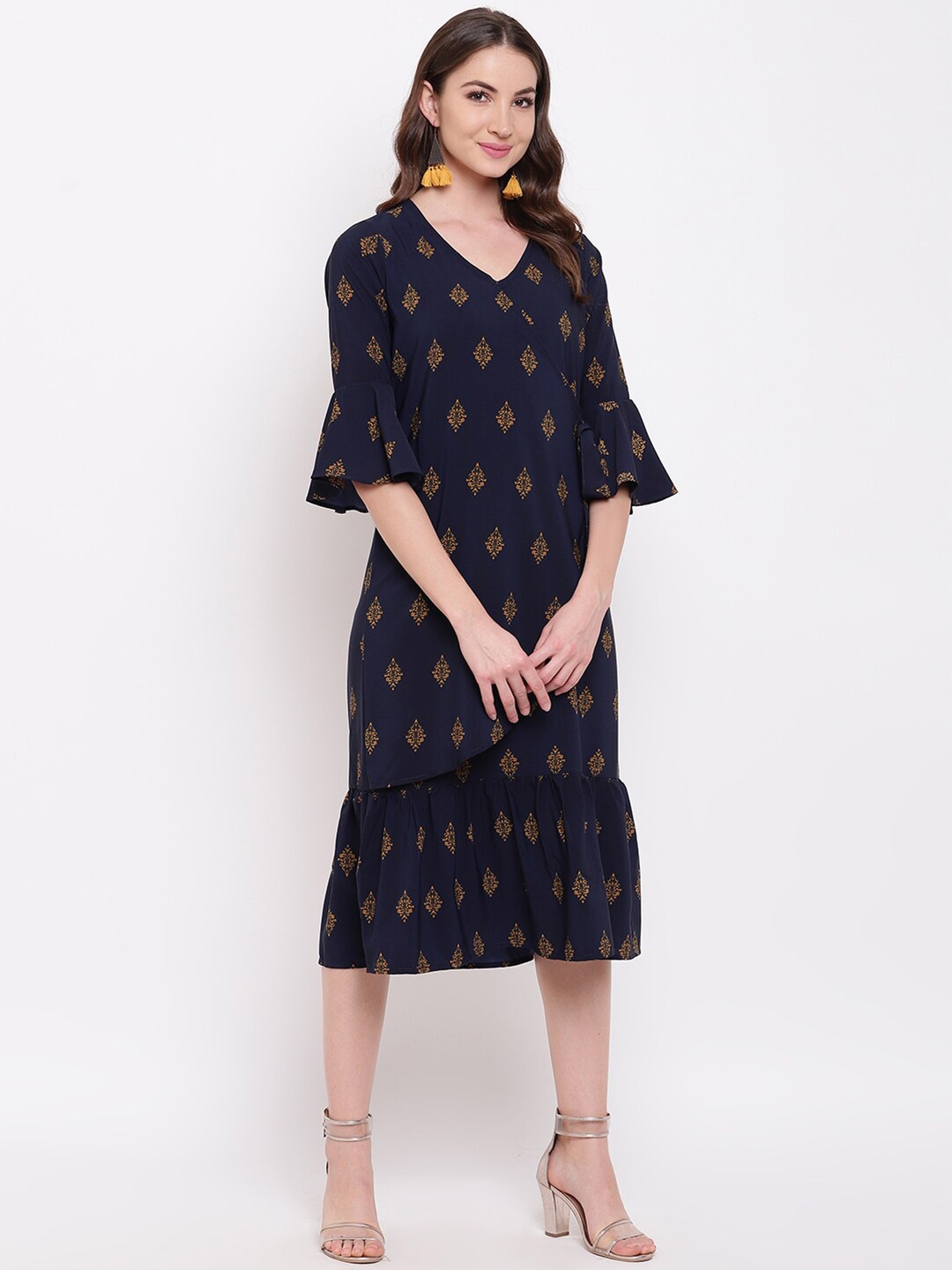 

Mayra Ethnic Motifs Printed Bell Sleeves Wrap Style Midi Dress, Navy blue