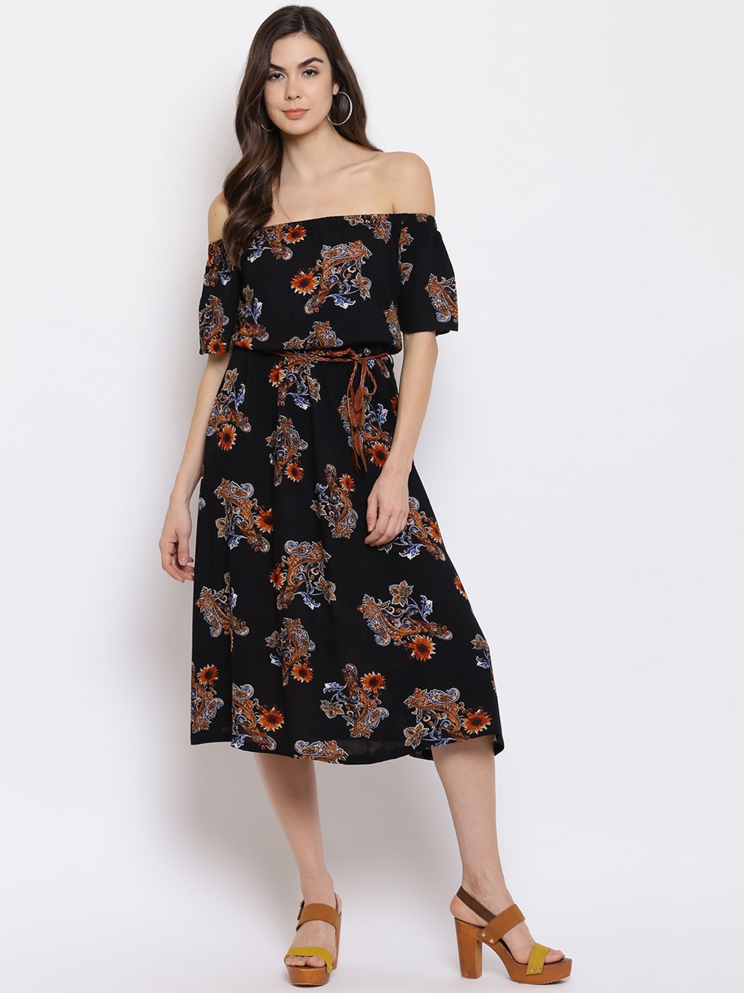 

Mayra Floral Printed Off-Shoulder Midi Fit & flare Dress, Black