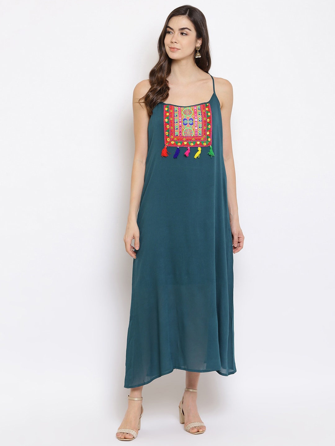 

Mayra Ethnic Motifs Embroidered A-Line Maxi Dress, Teal